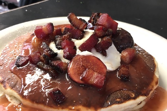 Walnut Ricotta Pancakes w/ Fig Compote and Smokey Bacon